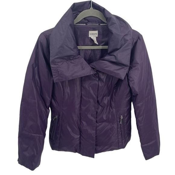 Chico's Size 0(S)Purple Down Puffer Coat Funnel Neck Zip Snap Jacket pockets - Picture 1 of 10